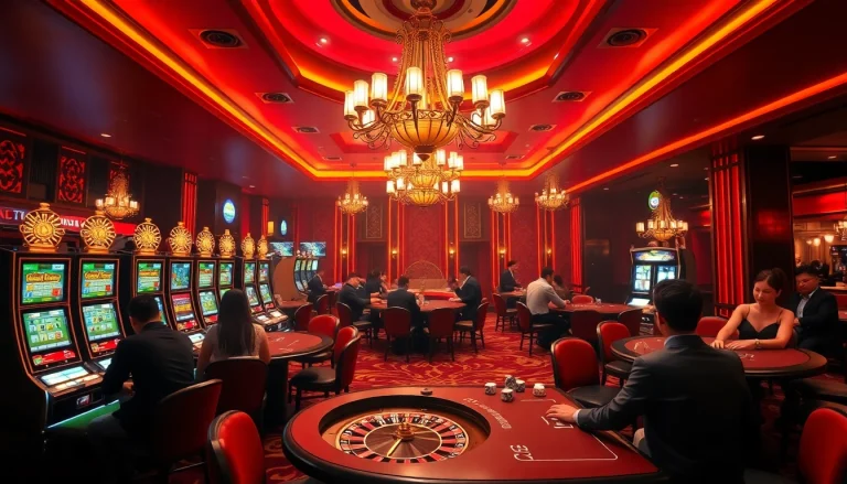 The lively casino scene at nhà cái KK55 featuring poker tables and slot machines, embodying excitement and luxury.