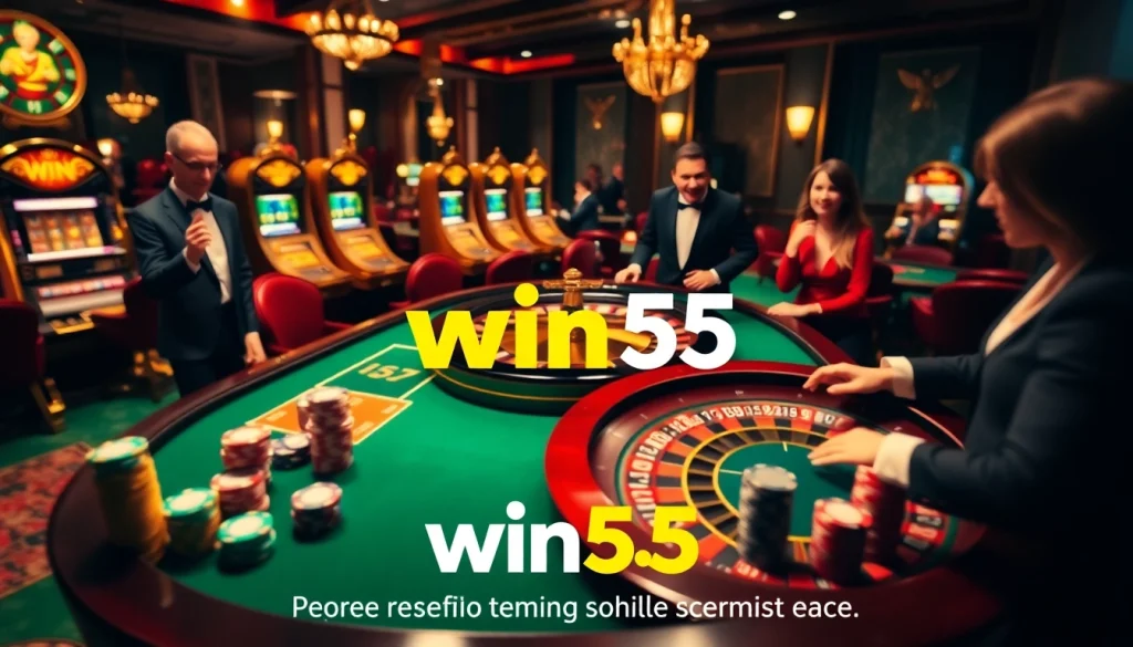 Experience the thrill of win55 at a luxurious casino table filled with poker chips and a roulette wheel.