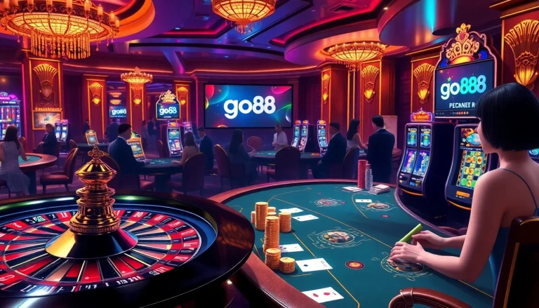 Exciting casino scene showcasing go88 platform with poker, roulette, and slot machines.