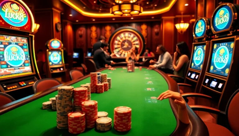 Luck8 vip casino scene showcasing players, poker chips, and slot machines in a luxurious setting.