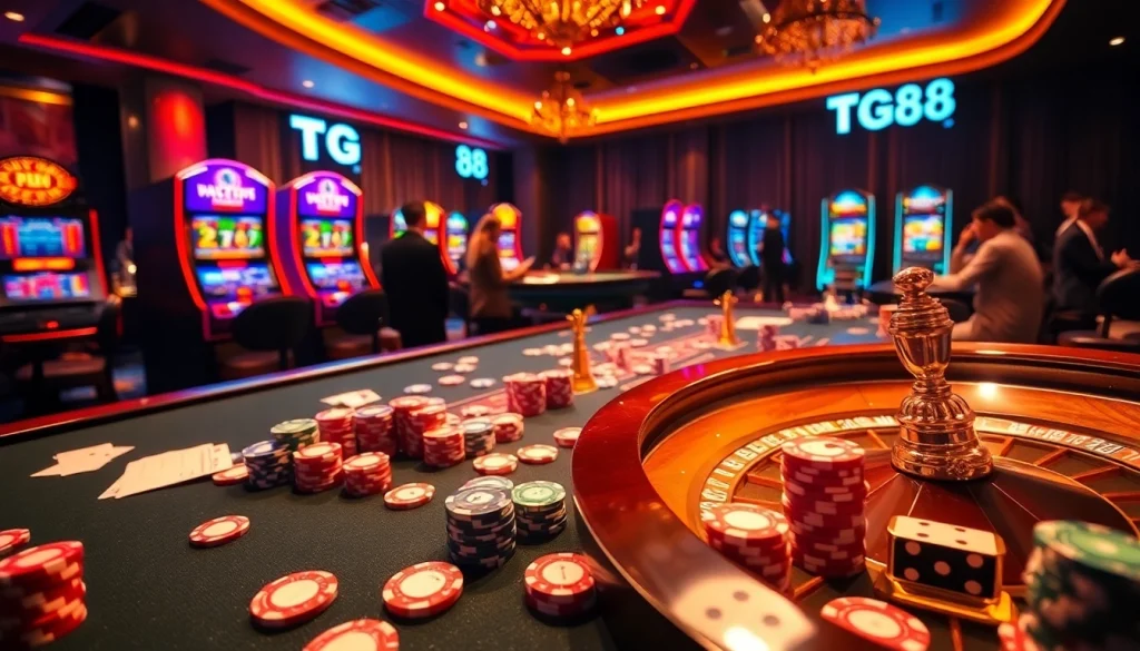 Experience the thrill of gambling at TG 88, with vibrant tables, poker chips, and a spinning roulette wheel.