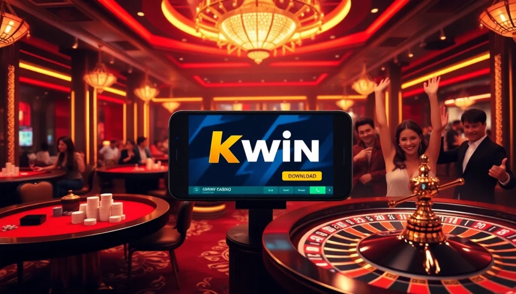 Experience the excitement of tải kwin with modern casino visuals featuring poker tables and betting slips.
