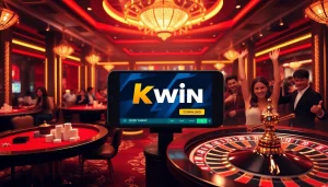 Experience the excitement of tải kwin with modern casino visuals featuring poker tables and betting slips.