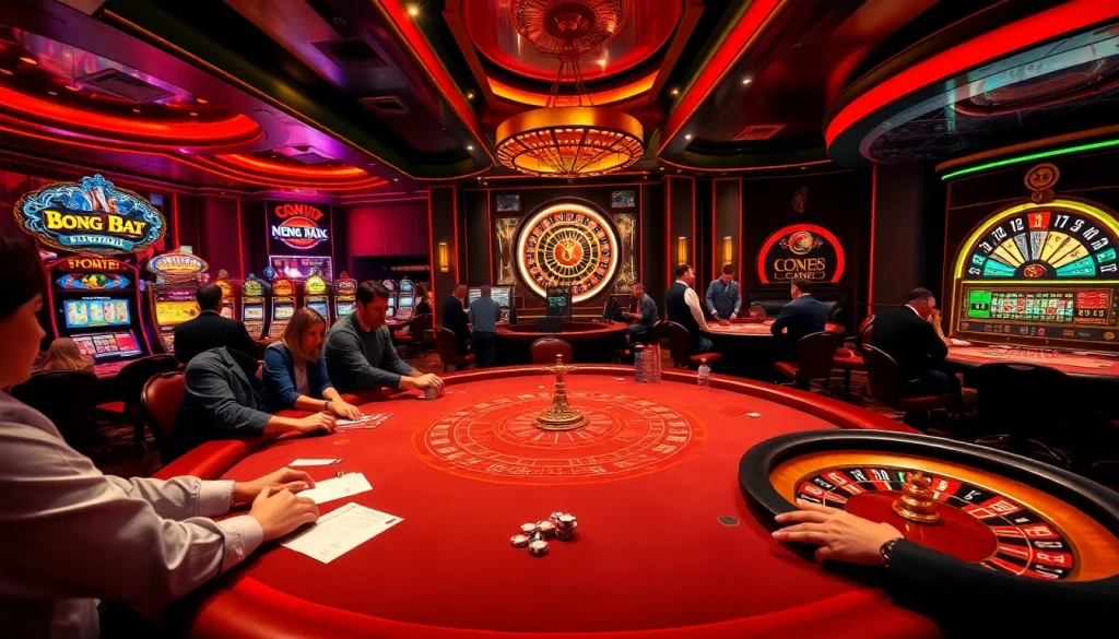 Experience the thrill of strategic betting at BONG DA LU88 with luxury casino tables and vibrant slot machines.