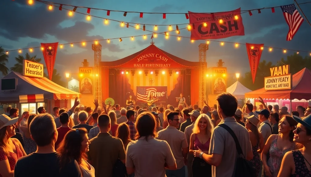 JohnnyCashBirthday.com celebration scene with vibrant fans enjoying live music and festive atmosphere.