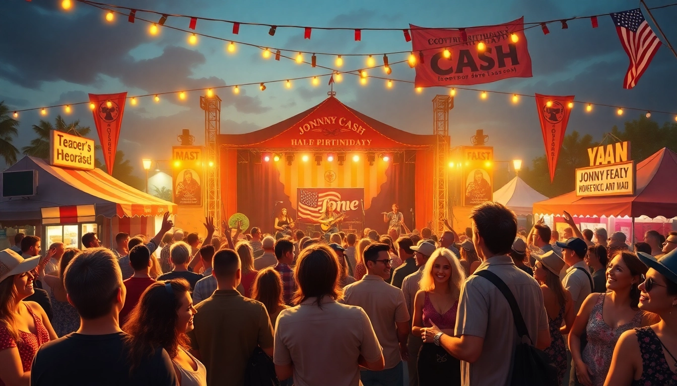 JohnnyCashBirthday.com celebration scene with vibrant fans enjoying live music and festive atmosphere.