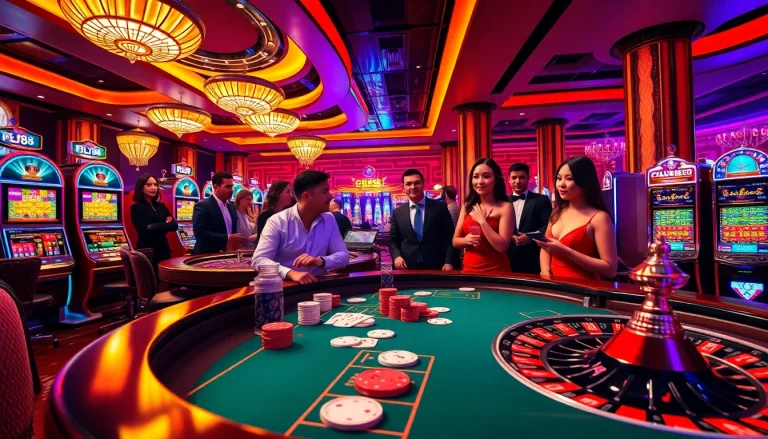 Players engaging at the FLY88 poker table, immersing in a thrilling casino experience.