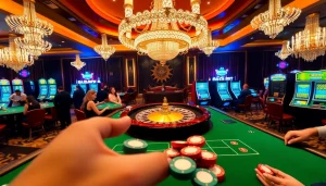 Exciting gambling scene at https://okkingok.net/ featuring poker chips, roulette, and slots.