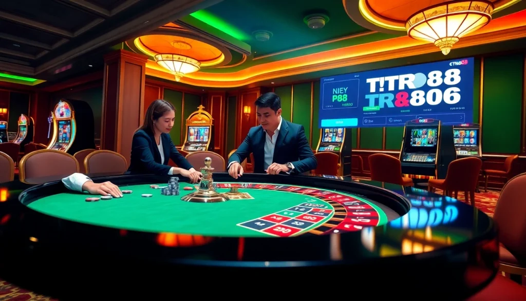 Players enjoying a thrilling game of TR88 at an upscale casino table with chips and cards.