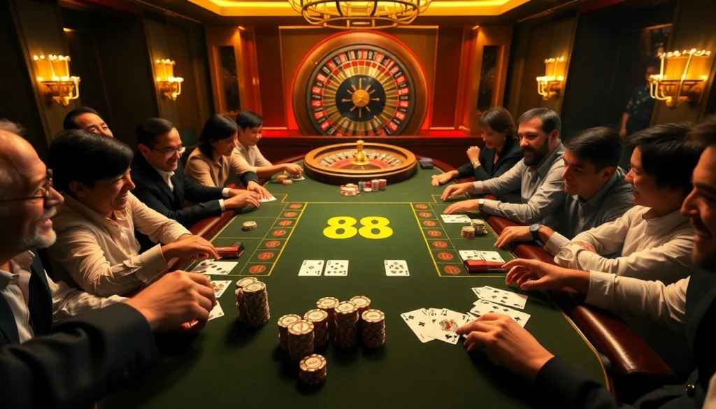 Players engaging at a luxurious poker table with NK 88 chips, showcasing exciting gameplay and strategy.
