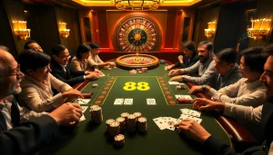 Players engaging at a luxurious poker table with NK 88 chips, showcasing exciting gameplay and strategy.