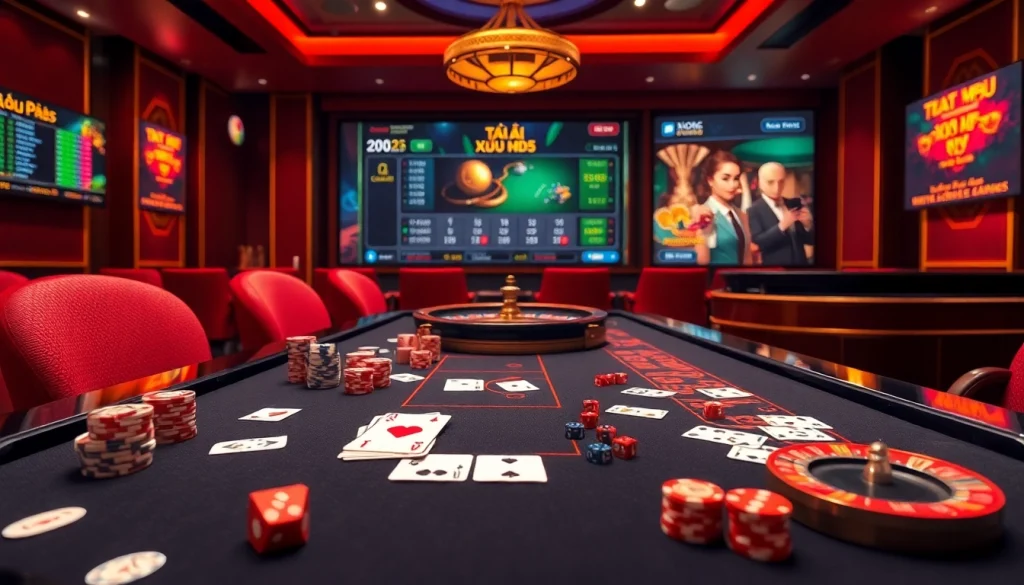 Tài Xỉu MD5 online gaming excitement with vibrant colors, dice, and casino tables for fun.