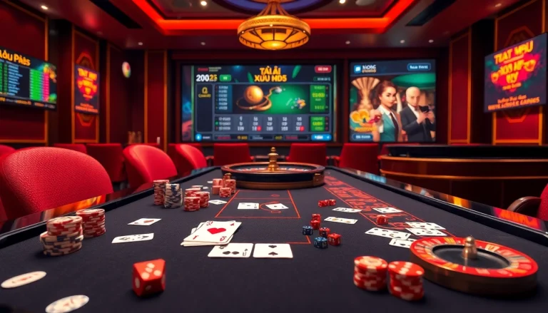 Tài Xỉu MD5 online gaming excitement with vibrant colors, dice, and casino tables for fun.
