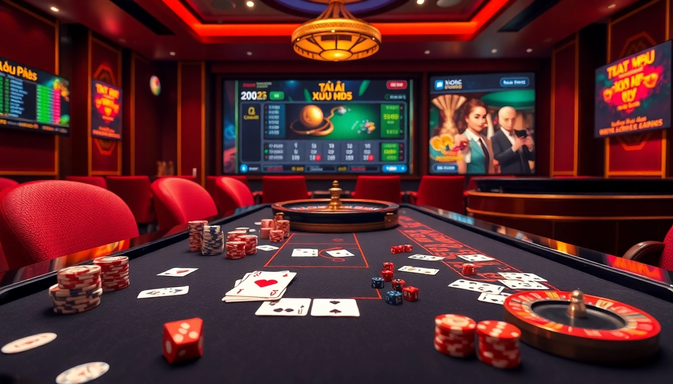 Tài Xỉu MD5 online gaming excitement with vibrant colors, dice, and casino tables for fun.