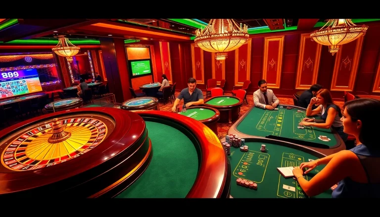 Exciting gaming experience at 888new with roulette, poker tables, and vibrant casino atmosphere.