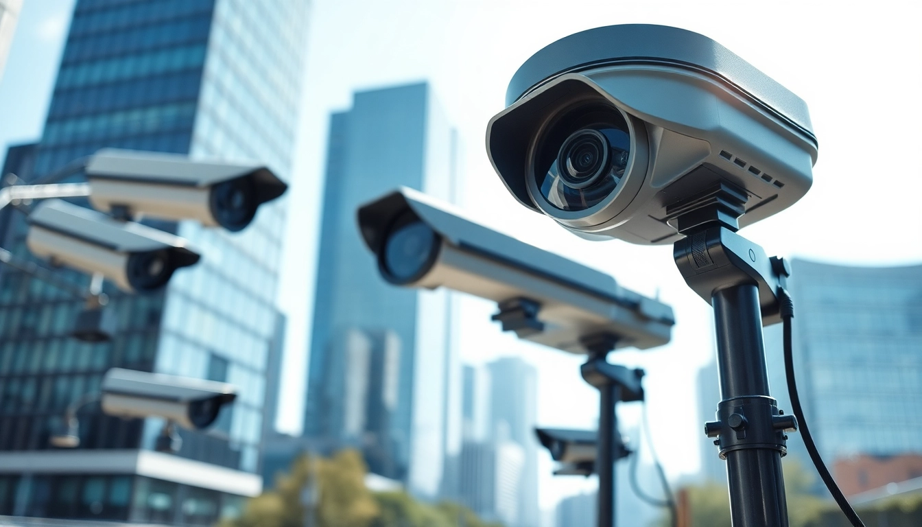 Showcasing advanced surveillance services with high-tech cameras in a modern urban setting.