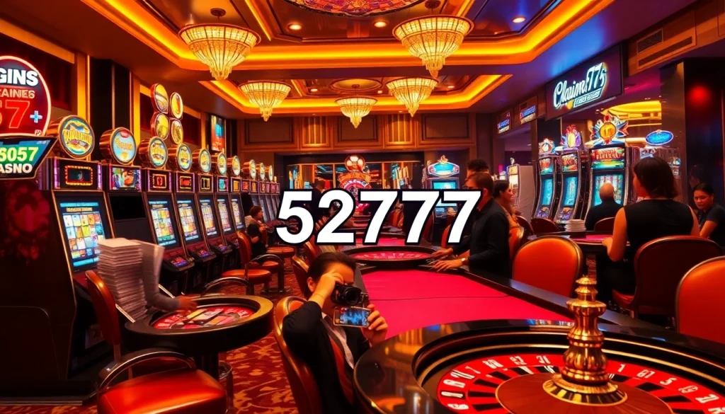 Players enjoying thrilling casino games at 5z777 with vibrant slot machines and roulette wheels.