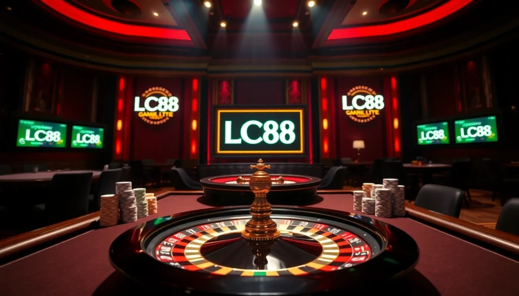 Experience the excitement of LC88 with vibrant poker chips and a roulette wheel.