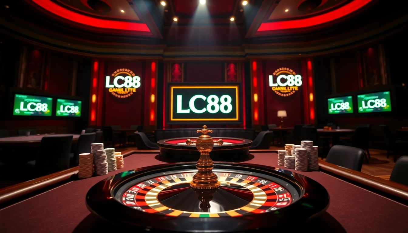 Experience the excitement of LC88 with vibrant poker chips and a roulette wheel.