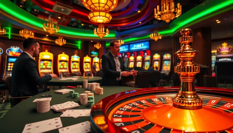 Play thrilling games at FEBET's luxury casino tables filled with poker chips and roulette wheels.
