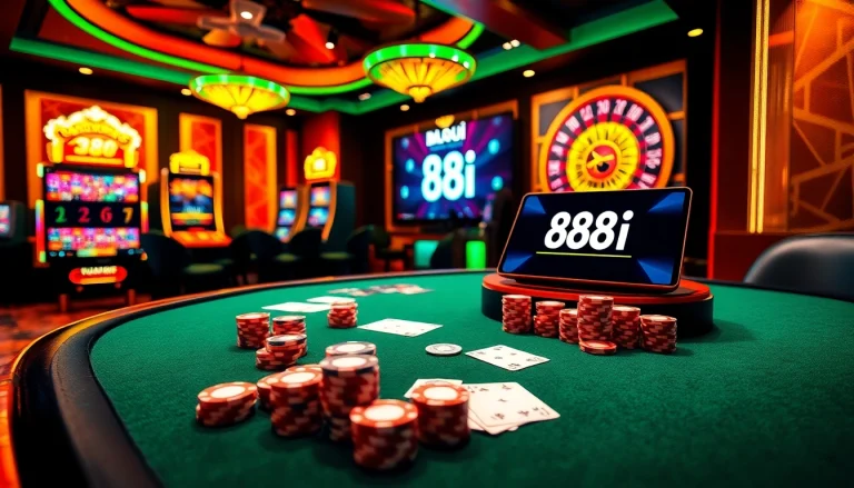 Gambling scene showcasing 88i with poker chips and casino tables in a vibrant atmosphere.