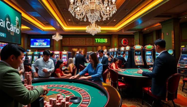 Gamblers enjoying a vibrant casino atmosphere at TR88 with poker, roulette, and slot machines.