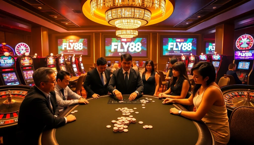 Experience thrilling casino action at FLY88 with poker tables and exciting slot machines.