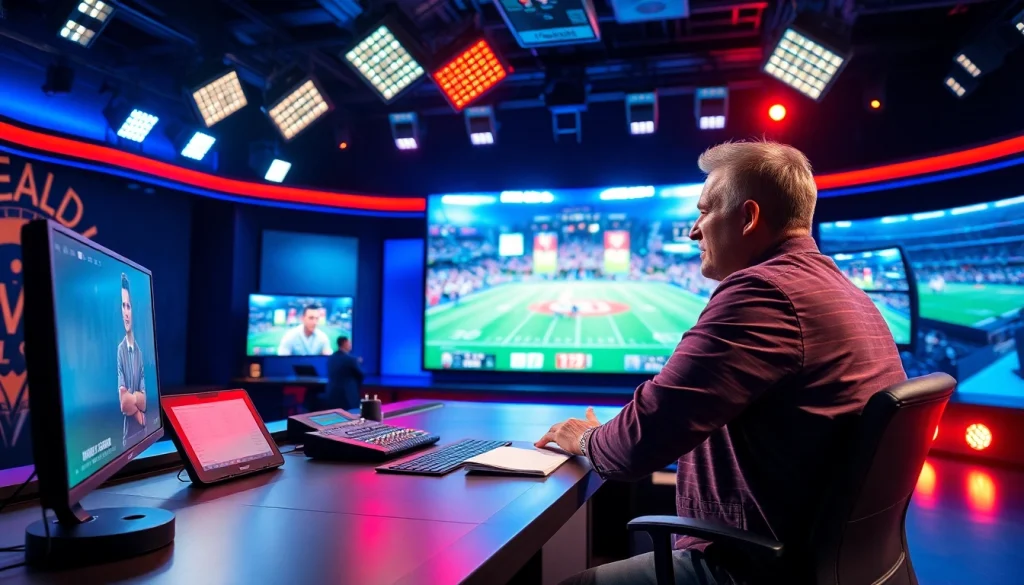 Sports Broadcasting host delivering highlights in an engaging studio atmosphere.