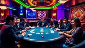 Players strategize at the kp88 poker table in a vibrant casino, embodying excitement and elegance.