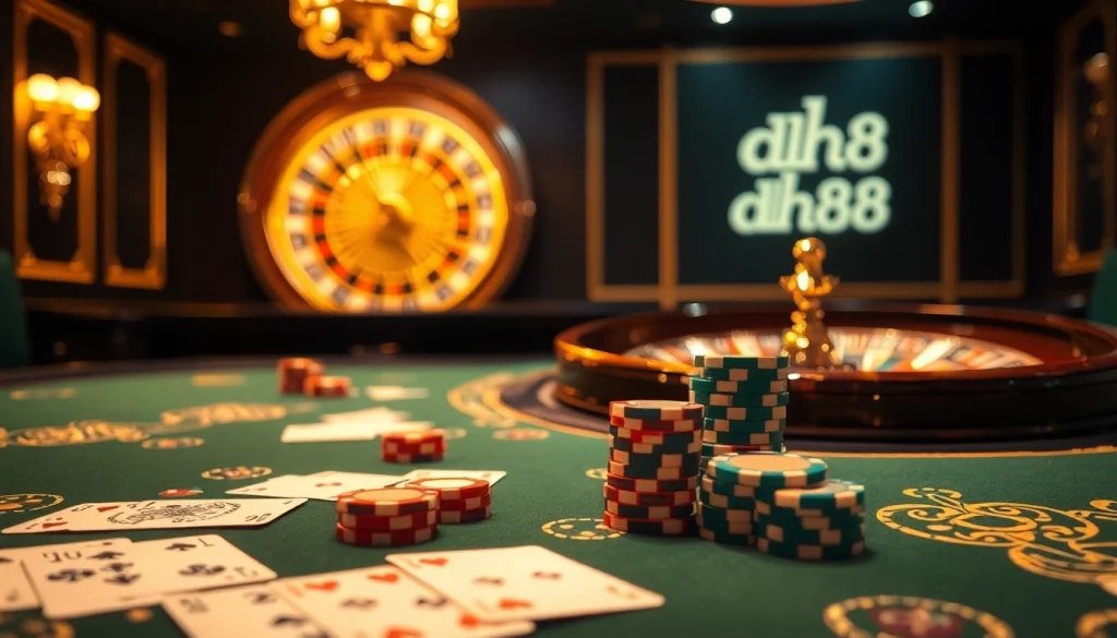 Experience thrilling gameplay at a high-stakes dh88 casino table with luxurious elements and vibrant poker chips.