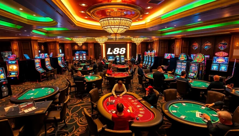 Experience the excitement of Lc 88 at a luxurious casino filled with poker tables and vibrant slots.