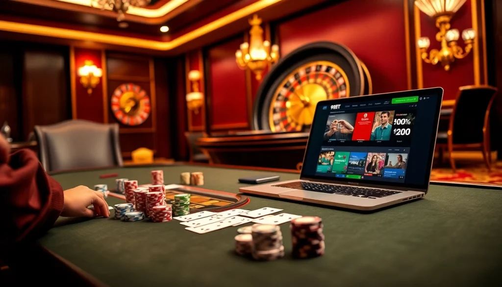 Experience high-stakes action at 9BET with an elegant casino table, vibrant roulette, and abundant poker chips.