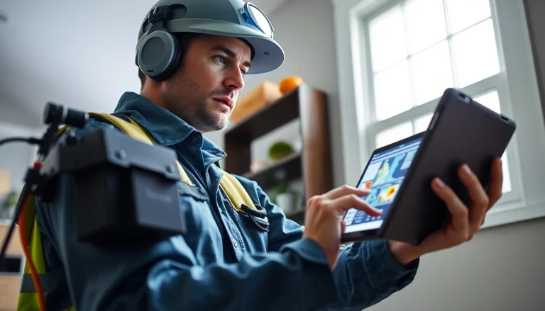 Expert leak detection technician using advanced technology in a residential setting.