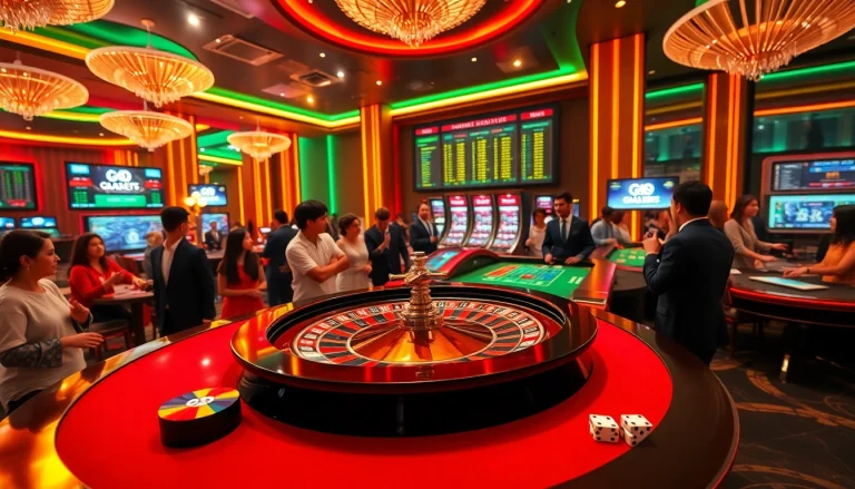 A vibrant casino scene showcasing go 88 with players at a roulette table against a backdrop of neon lights.