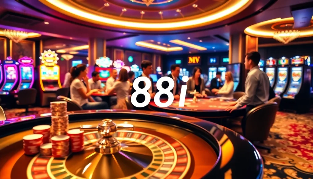 Players engaging at a luxury casino with 88i branding and vibrant games.