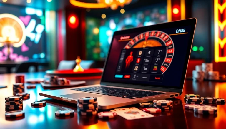 Experience excitement at trang chu dn88 with vibrant casino scenes featuring poker chips and roulette.