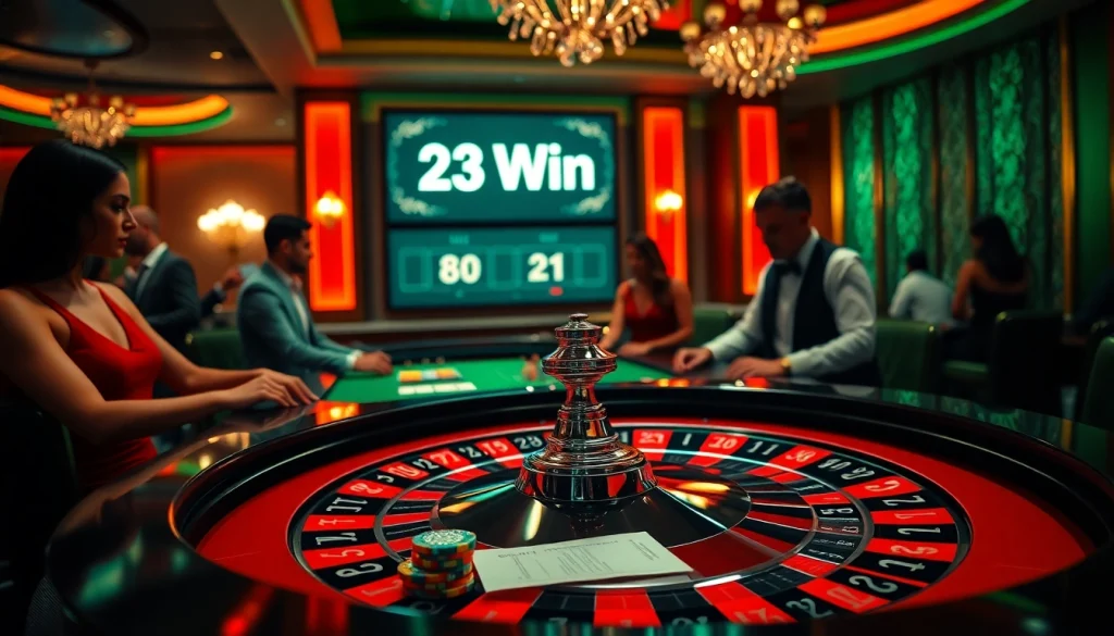 Experience the thrill of betting at 23 Win's stunning roulette table and vibrant casino environment.