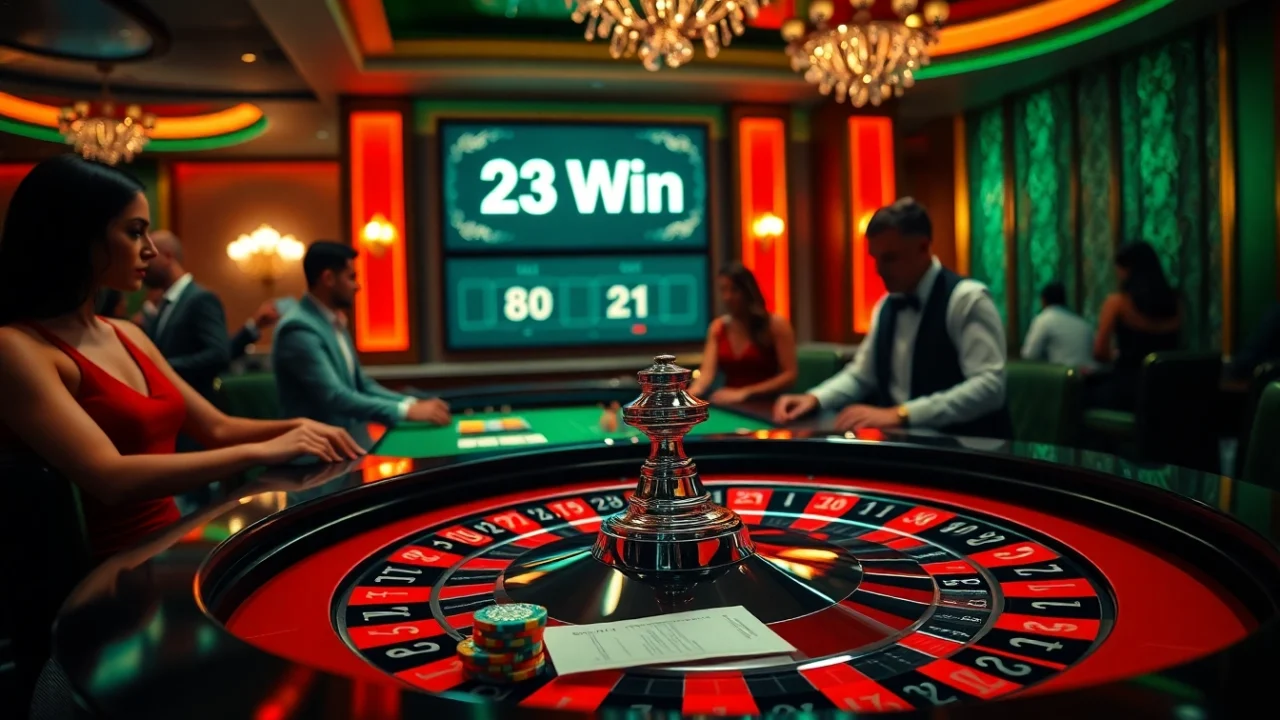 Experience the thrill of betting at 23 Win's stunning roulette table and vibrant casino environment.