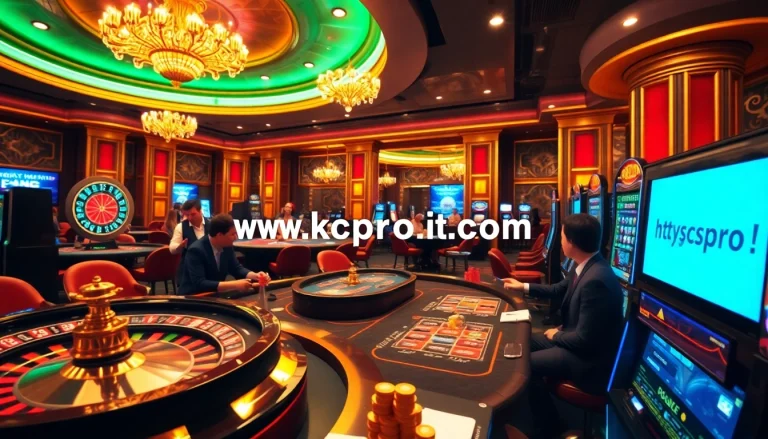 A lively casino scene showcasing https://kjcpro.it.com/ with players engaged in poker and roulette.