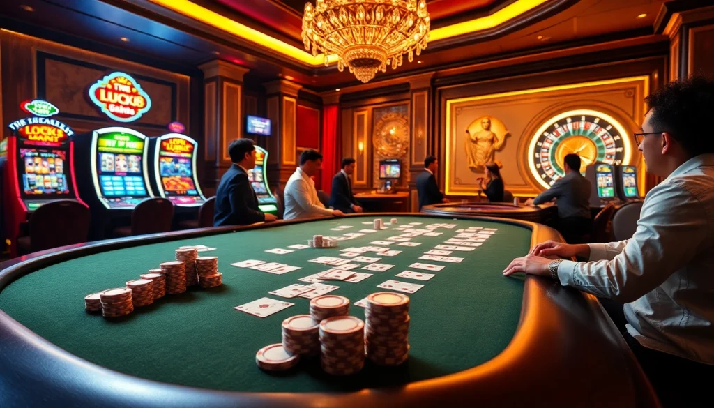 Luck8 players engaged in a thrilling poker game with vibrant casino elements in the backdrop.