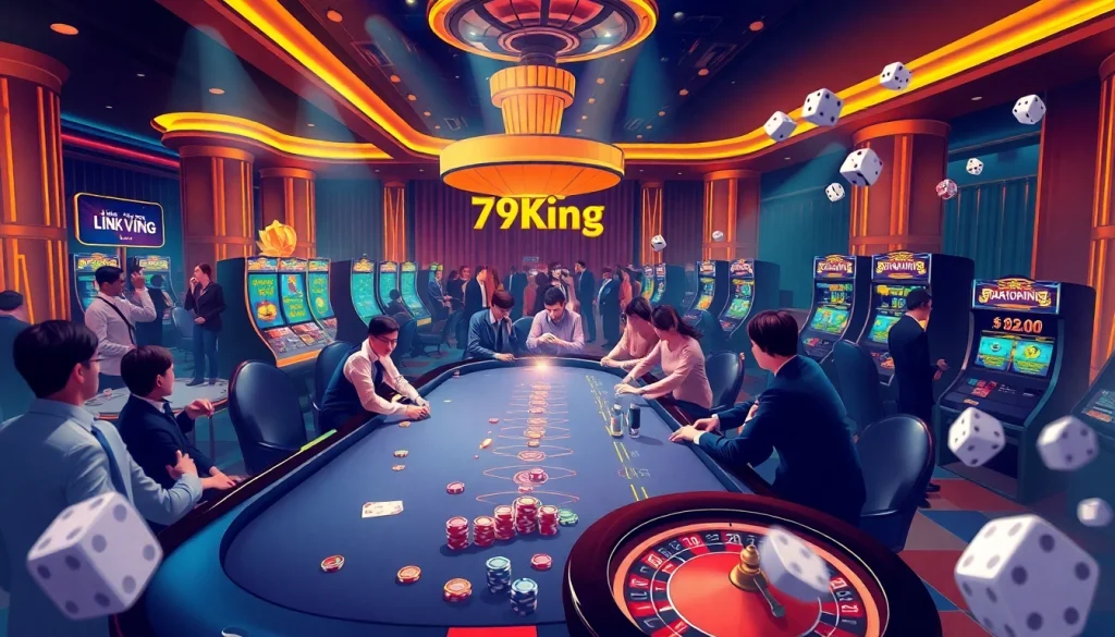 Exciting casino atmosphere highlighting Link Vào 79King with poker games and roulette action.