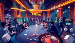 Exciting casino atmosphere highlighting Link Vào 79King with poker games and roulette action.