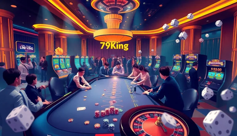 Exciting casino atmosphere highlighting Link Vào 79King with poker games and roulette action.