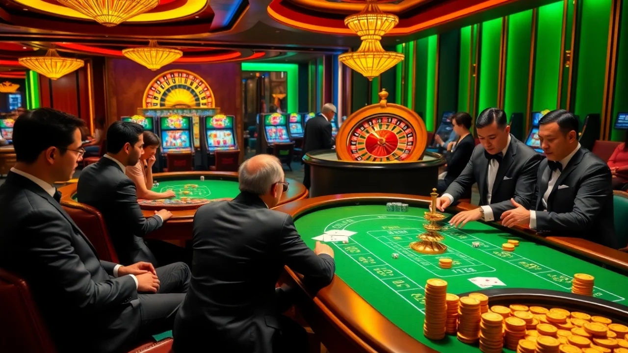 Excited gamblers enjoying a thrilling game at uu88 casino tables filled with chips and cards.