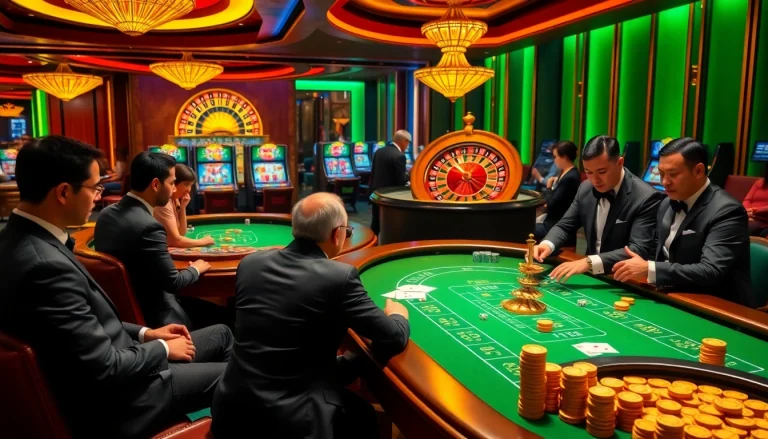 Excited gamblers enjoying a thrilling game at uu88 casino tables filled with chips and cards.