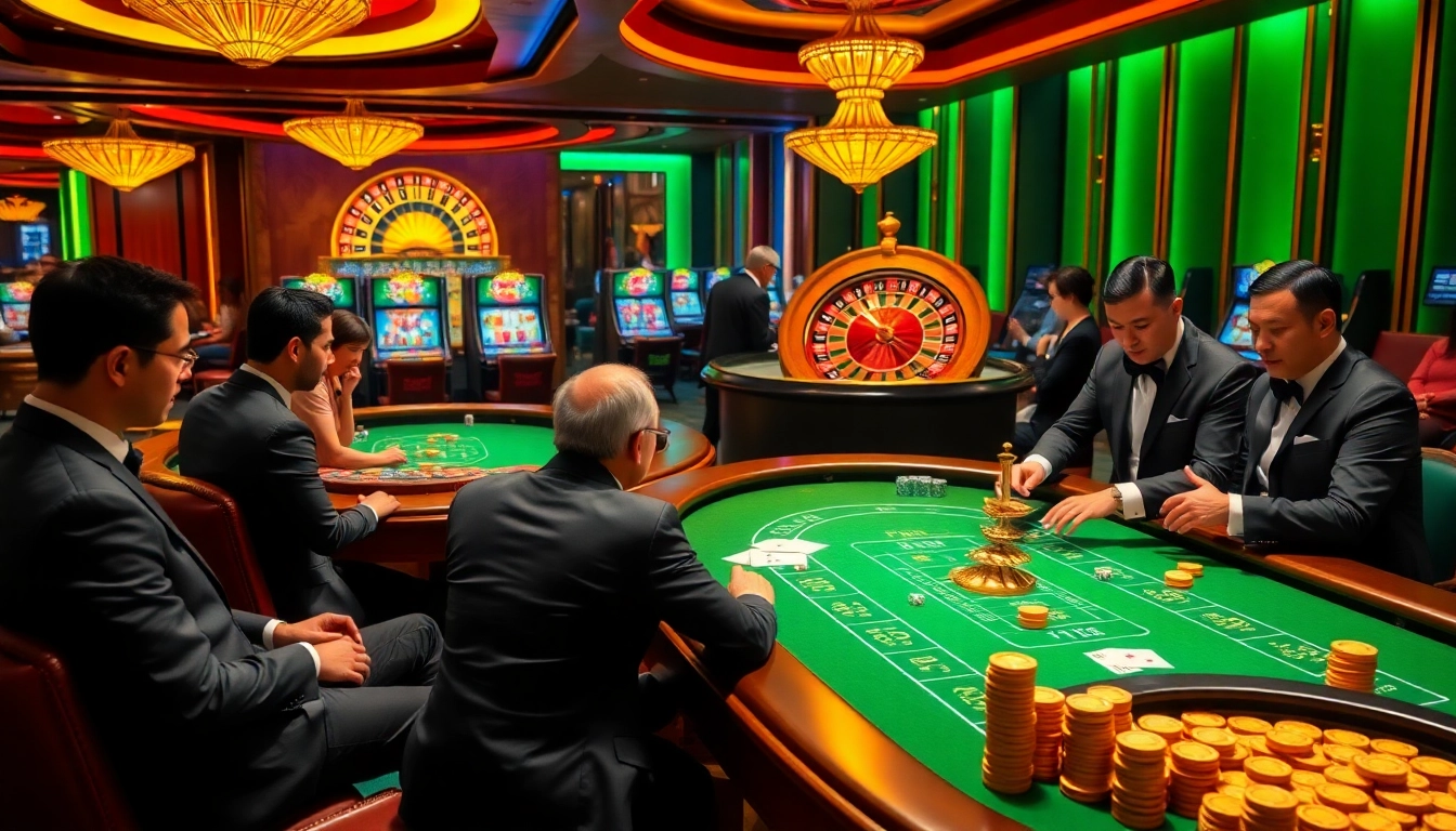 Excited gamblers enjoying a thrilling game at uu88 casino tables filled with chips and cards.