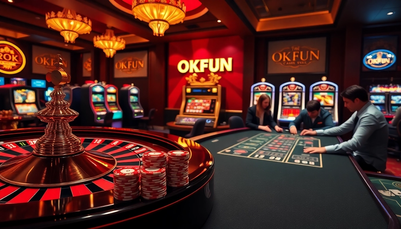 Experience the thrill of OKFUN đăng nhập at a luxurious casino with roulette and slot machines.