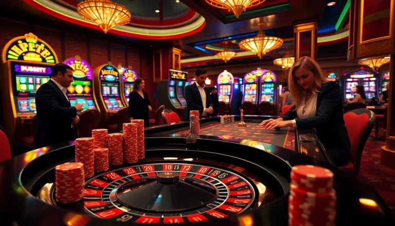 Experience the thrill of fa88 with players engaged in high-stakes roulette and poker games at a luxurious casino.