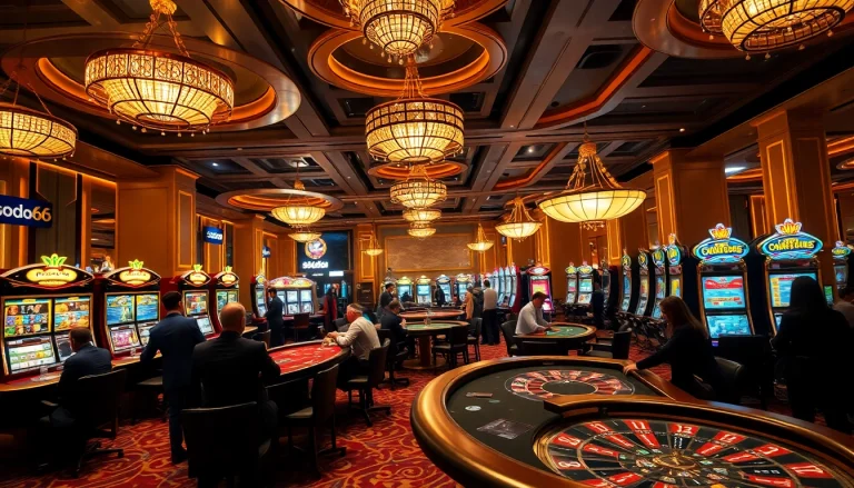 Casino gaming experience featuring sodo66 poker tables and vibrant slot machines.