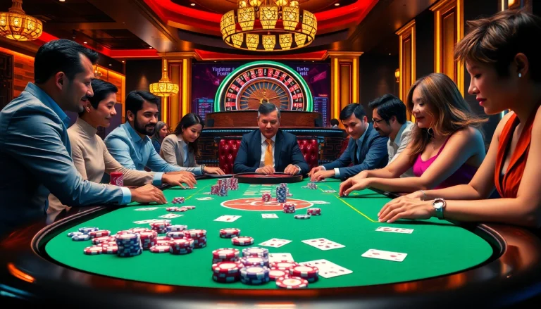 Excited players at a KK55-themed poker table in a vibrant casino atmosphere.